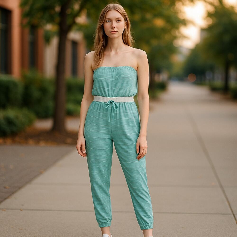 Fashion Nova Womens Jumpsuit Sz 1X Aqua Blaire Tube‎ Strapless Space Dye NEW - Picture 2 of 12